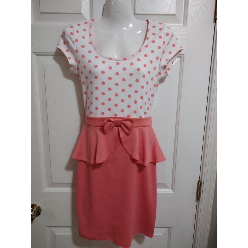 Polka Dot Peplum Y2K Business Casual Dress Coral/White Women's Size Small - Picture 6 of 11
